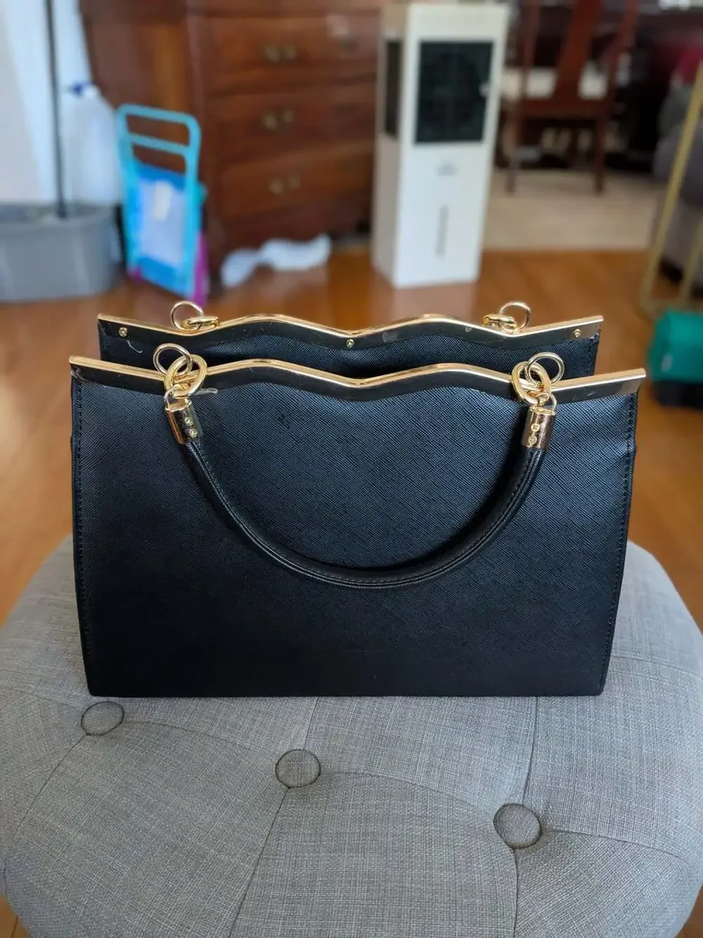 Black Saffiano Leather Handbag Satchel with Gold Bow Accent and Metal Trim